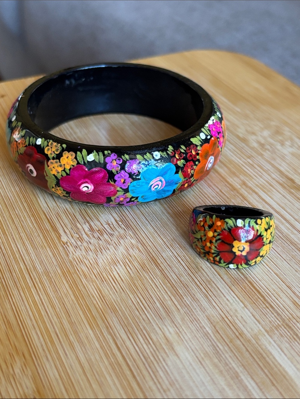 Vintage Hand-Painted Floral Wood Bangle and Ring Set